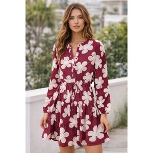 Jacquie‎ The Label Burgundy Floral Tiered Mini Dress Size Large Button Front